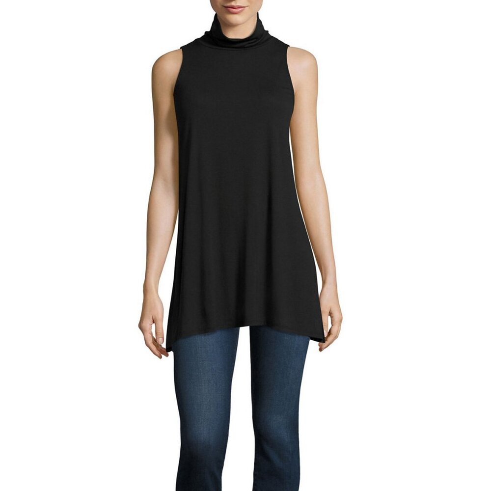 New Stylus Sleeveless Side Slit Turtleneck Tunic, Black, Size XL